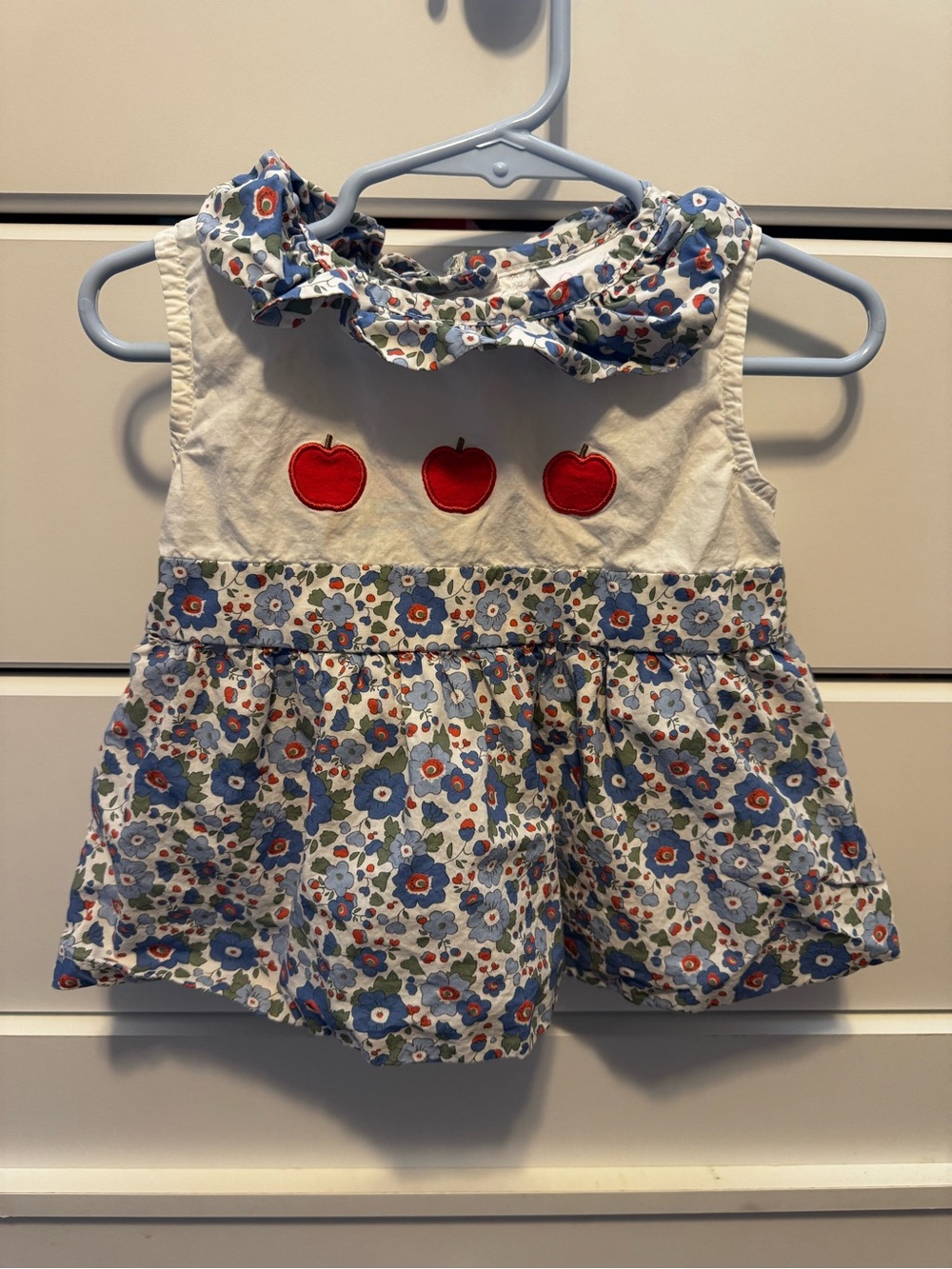 Girls Blue Floral Apple Appliqué Short Set
